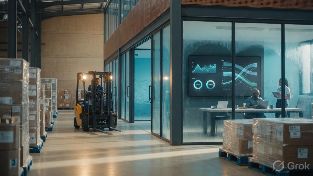 Warehouse operations beside a glass control room